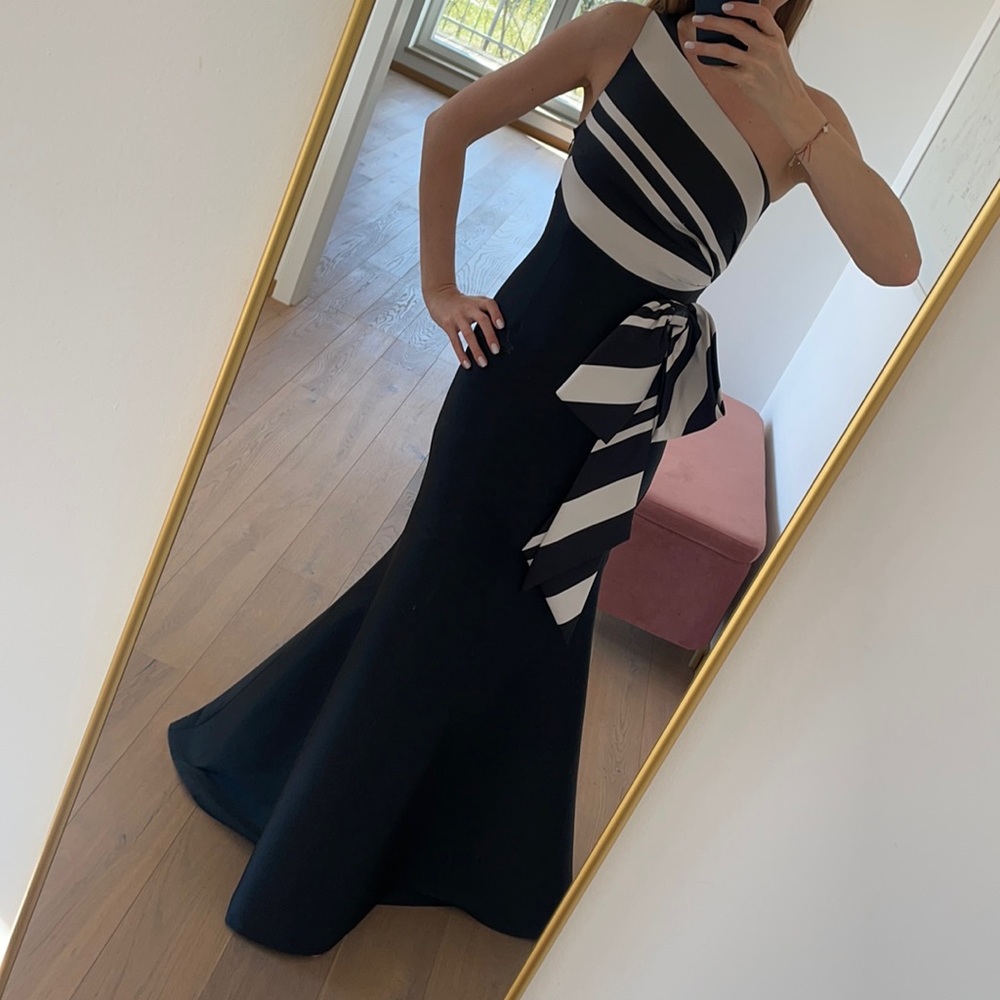 Two tone one shoulder gown with a bow